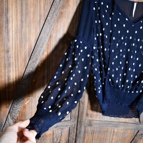 Free People Sheer Navy Polka Dot Peasant Blouse - Picture 7 of 8